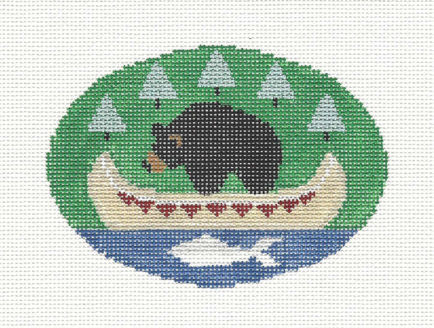 Oval ~ Black Bear in an Indian Canoe handpainted Needlepoint Canvas by Kathy Schenkel