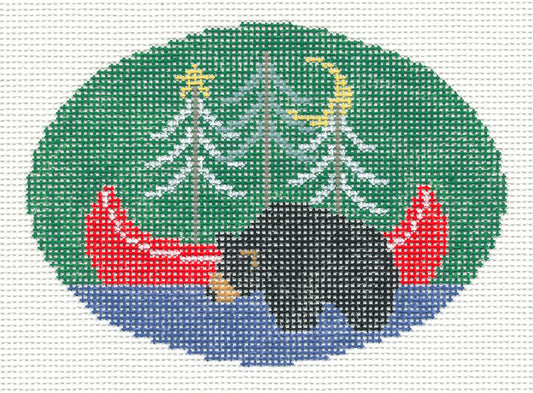 Oval ~ Black Bear with Red Canoe handpainted Needlepoint Canvas by Kathy Schenkel