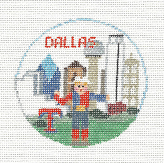 Travel Round ~ DALLAS, TEXAS handpainted Needlepoint Canvas by Kathy Schenkel