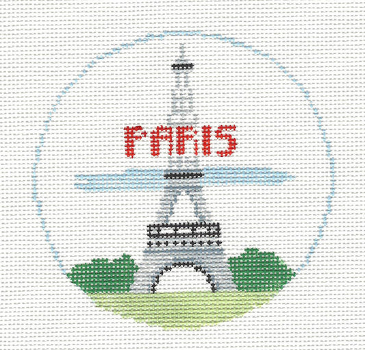 Travel Round ~ PARIS, FRANCE with the Eiffel Tower handpainted 4" Rd. 18 Mesh Needlepoint Canvas by Kathy Schenkel