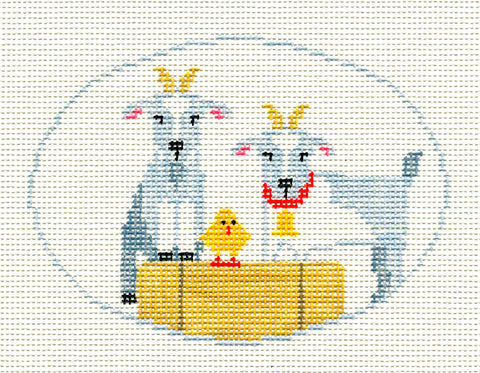 Oval ~ Two Goats and a Chick handpainted Oval Needlepoint Canvas by Kathy Schenkel