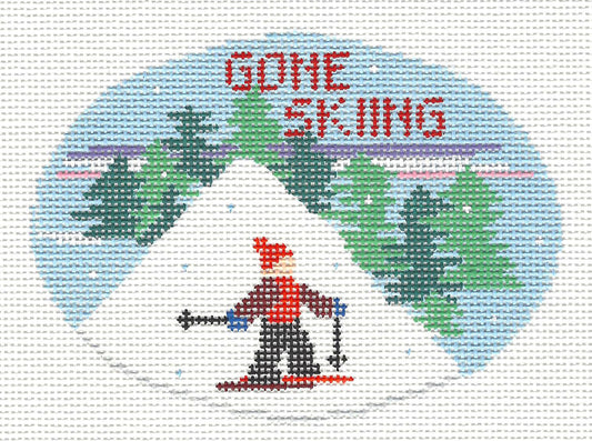 Sports Oval ~ Gone Skiing Winter handpainted Needlepoint Canvas by Kathy Schenkel