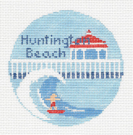 Travel Round ~ Huntington Beach, California handpainted Needlepoint Canvas by Kathy Schenkel
