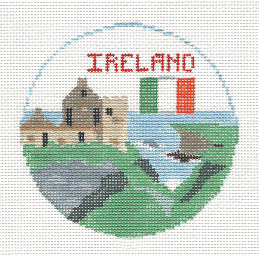 Travel Round ~ Country of  IRELAND handpainted 4" Rd. 18 mesh Needlepoint Canvas by Kathy Schenkel
