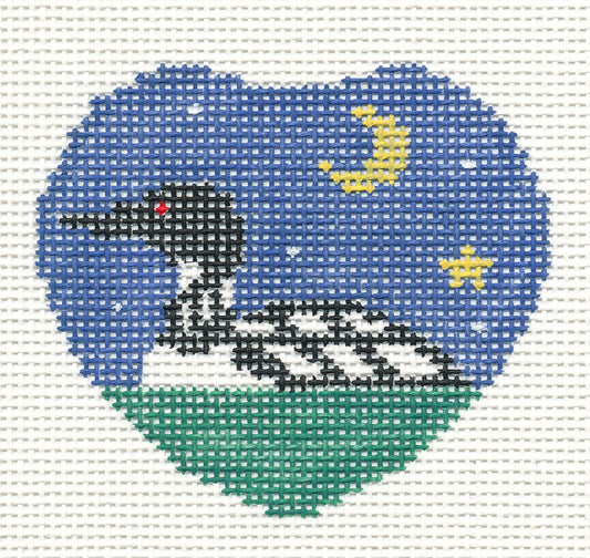 Bird ~ Loon on the Lake Heart Shaped Lapel Pin or Ornament handpainted Needlepoint Canvas by Kathy Schenkel