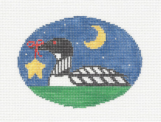 Bird Oval ~ Loon on the Lake Under the Moonlight with a Star handpainted 18mesh Needlepoint Canvas by Kathy Schenkel