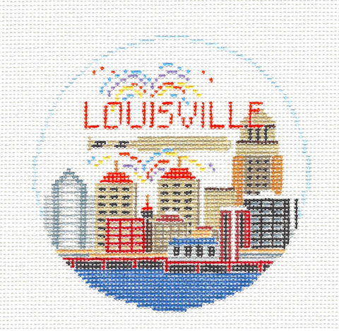 Travel Round ~ Louisville, Kentucky handpainted 4" Needlepoint Ornament Canvas by Kathy Schenkel