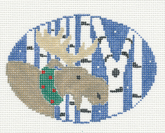 Oval ~ Woodland Moose in Winter Birch Trees 18 Mesh handpainted Needlepoint Canvas by Kathy Schenkel