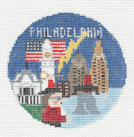 Travel Round ~ Philadelphia, Pennsylvania handpainted Needlepoint Canvas by Kathy Schenkel