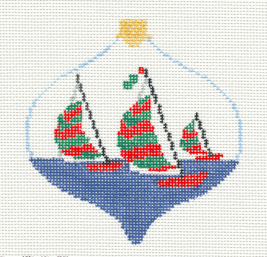 Bauble ~ Racing Sailboats handpainted Needlepoint Ornament Canvas by Kathy Schenkel