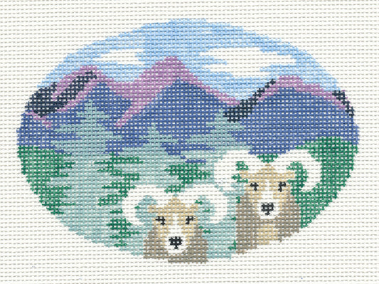 Oval ~ Bighorn Sheep and Mountains handpainted Needlepoint Canvas by Kathy Schenkel