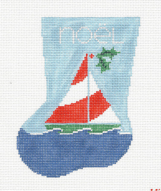 Stocking ~ Noel Christmas Sailboat with Holly handpainted Mini Stocking Needlepoint Ornament Canvas by Kathy Schenkel