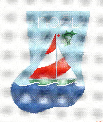 Stocking ~ Noel Christmas Sailboat with Holly handpainted Needlepoint Canvas by Kathy Schenkel