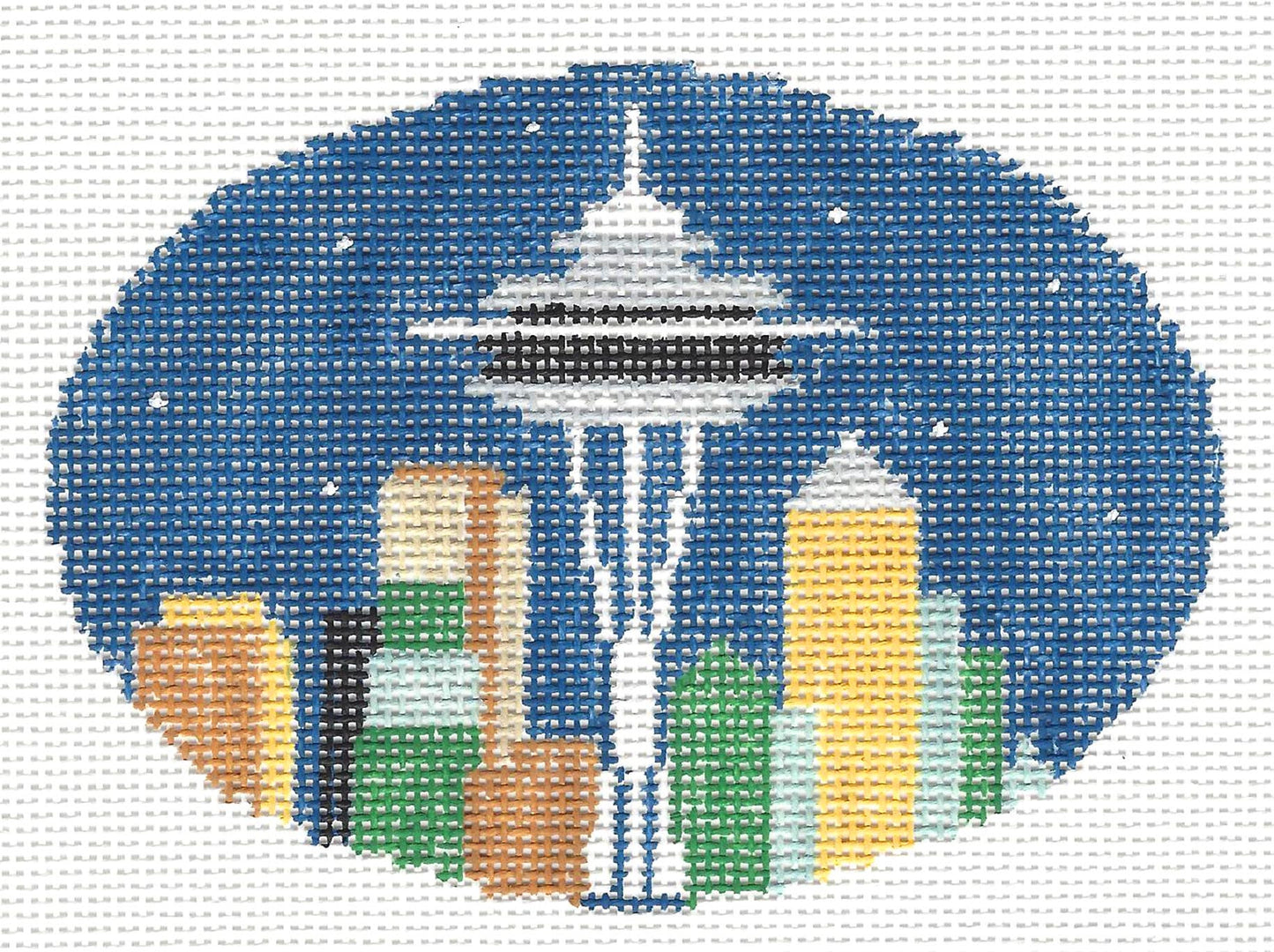 Travel canvas ~ Space Needle in Seattle, Washington handpainted Needlepoint Canvas by Kathy Schenkel