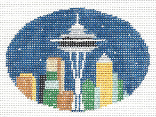 Travel canvas ~ The Space Needle in Seattle, Washington handpainted 18mesh Oval Needlepoint Canvas by Kathy Schenkel