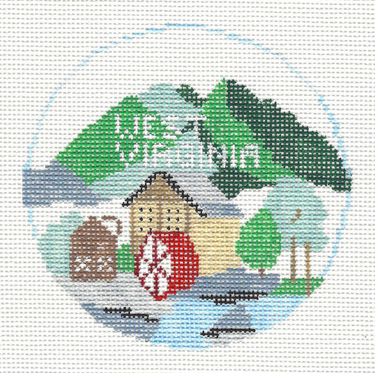 Travel Round ~ West Virginia handpainted Needlepoint Ornament Canvas by Kathy Schenkel