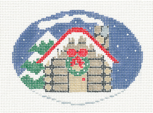 Oval~Winter Cottage handpainted Needlepoint Canvas~by Kathy Schenkel