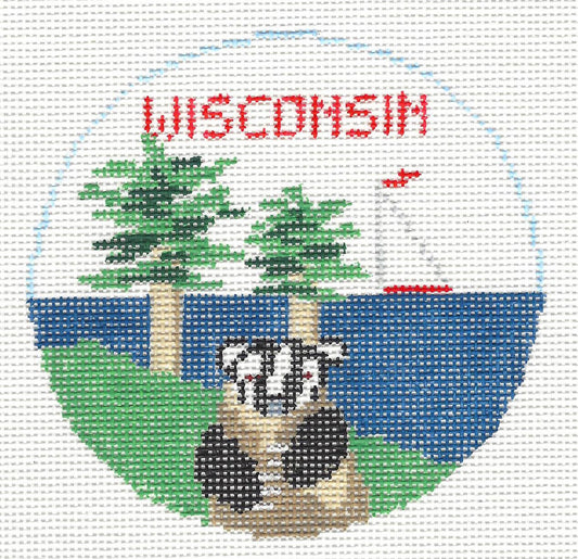 Travel Round ~ WISCONSIN handpainted 18 Mesh 4" Rd. Needlepoint Ornament Canvas by Kathy Schenkel