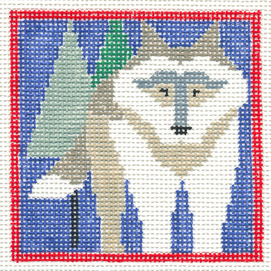 Canvas ~ Wolf in the Pine Trees 13 Mesh handpainted 4" Sq. Needlepoint Canvas by Kathy Schenkel
