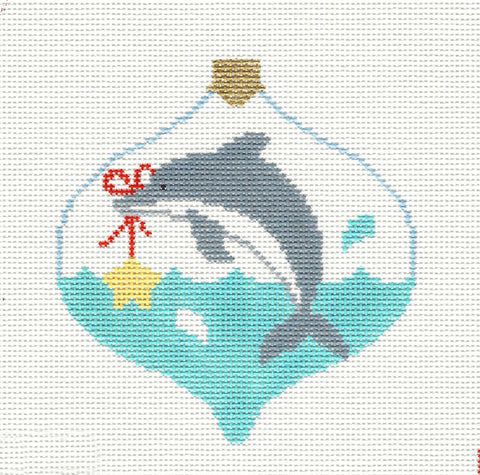 Bauble ~ Dolphin Holding a Star handpainted Needlepoint Canvas by Kathy Schenkel