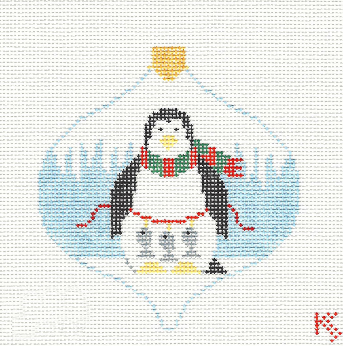 Bauble ~ Christmas Penguin Fishing 18 Mesh handpainted Needlepoint Ornament Canvas by Kathy Schenkel