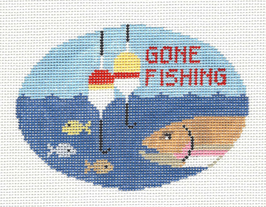Oval ~ Gone Fishing Sports Oval handpainted Needlepoint Canvas by Kathy Schenkel