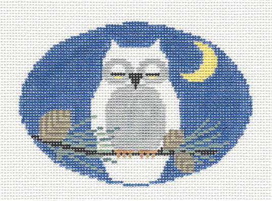 Bird Oval ~ Snowy Owl in Moonlight handpainted Needlepoint Canvas by Kathy Schenkel