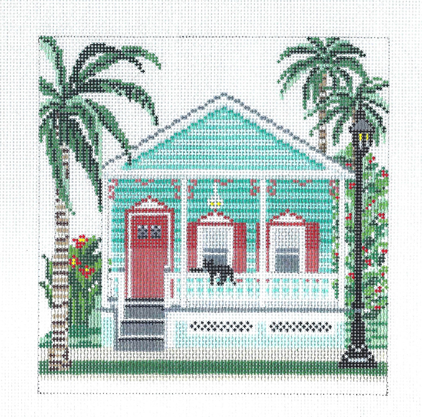 Tropical House ~ Key West Aqua Bungalow 6" Sq. handpainted 18 MESH Needlepoint Canvas by Needle Crossings