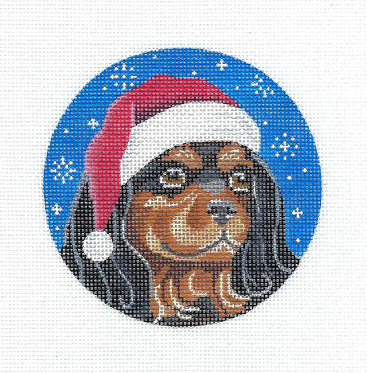 Dog ~  King Charles Spaniel Dog in a Santa Hat handpainted 18 Mesh Needlepoint Ornament Canvas by Pepperberry