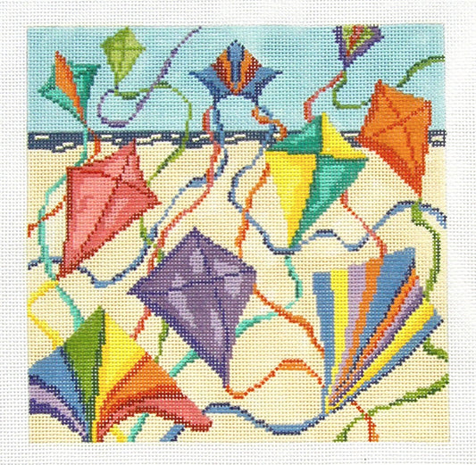 Canvas ~ Summer Kites Over the Beach 13 mesh handpainted 9" Sq. Needlepoint Canvas by Needle Crossings
