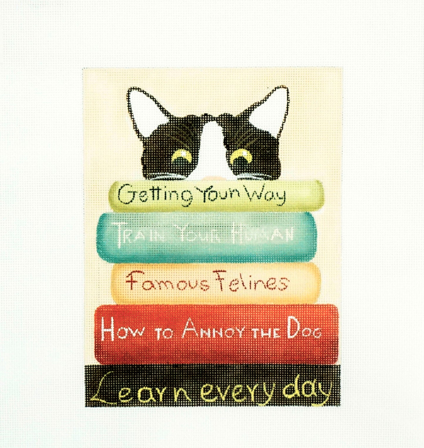 Cat Canvas ~ Cat Reading her books handpainted Needlepoint canvas by Ginny Diezel from CBK