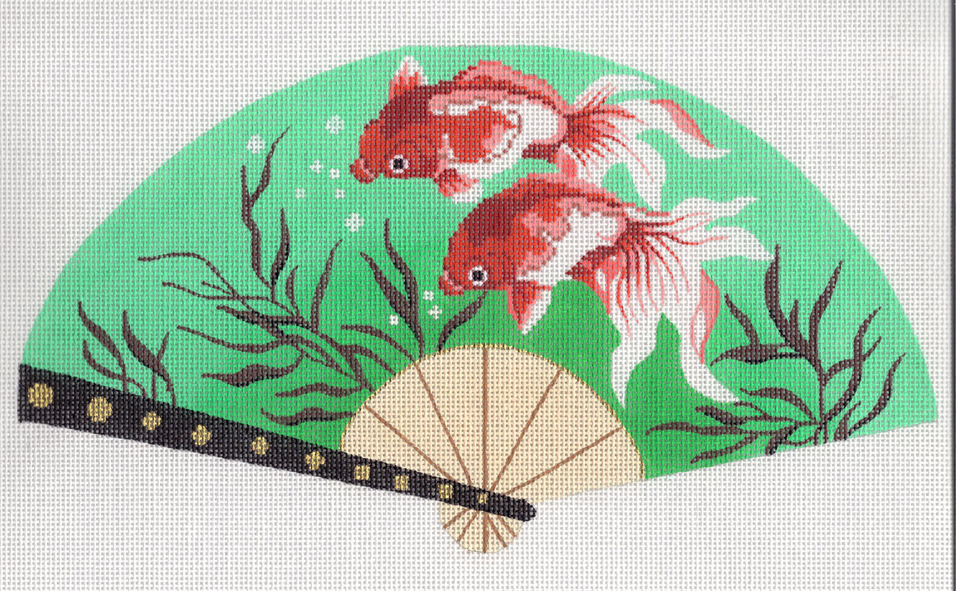Oriental Fan ~ Elegant Oriental Koi Goldfish FAN handpainted Needlepoint Canvas by LEE