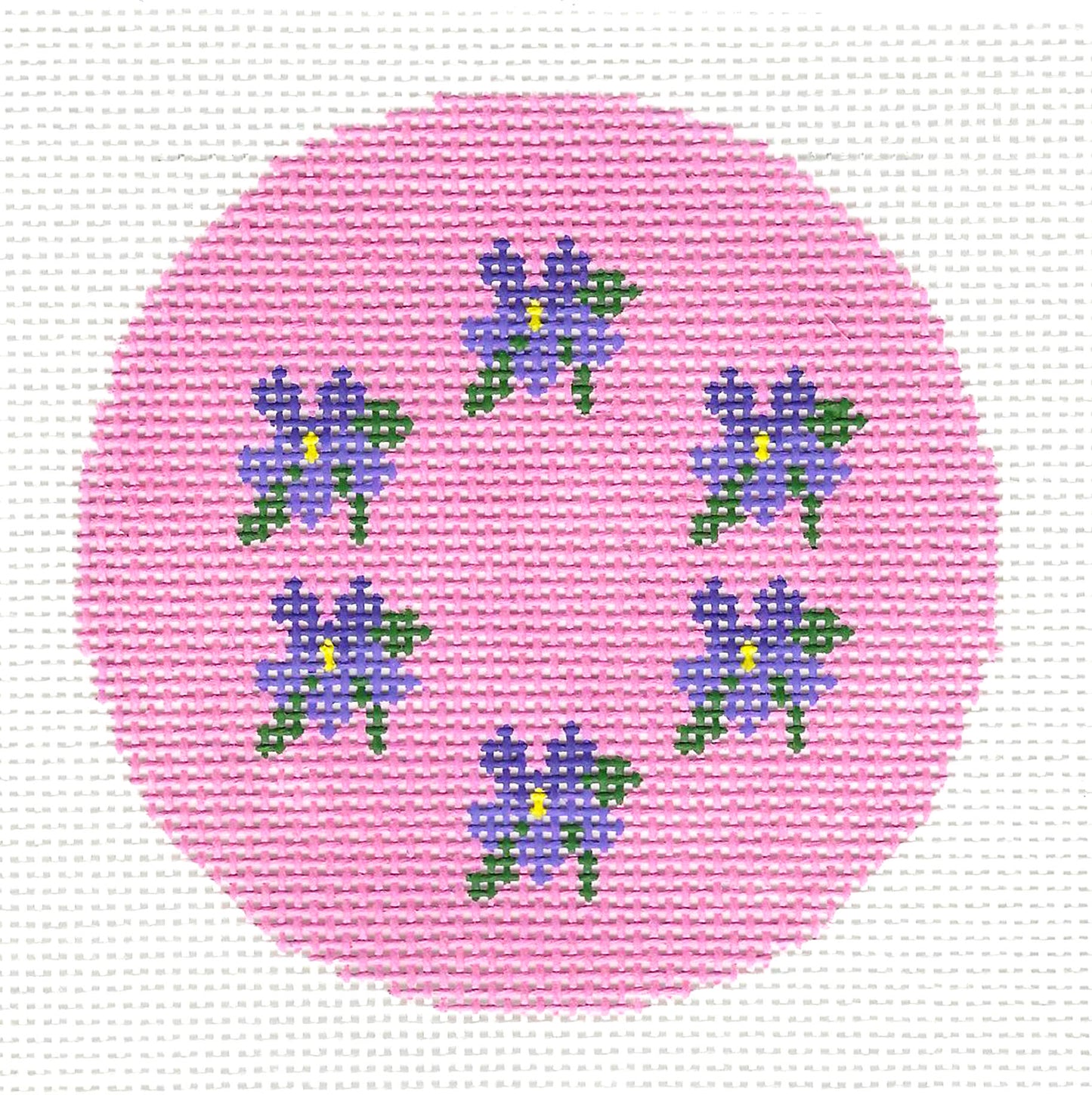 3" Round Floral ~ Circle of Violets on a Pink Background handpainted Needlepoint Canvas Ornament or Insert  ~ 3" Rd. by LEE
