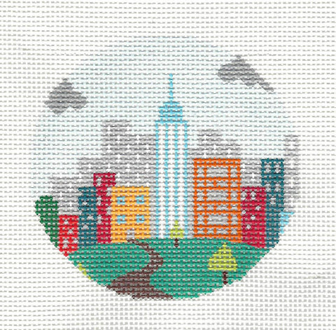 Round~ LEE City Scape Design handpainted Needlepoint Canvas 3" Rd. Ornament