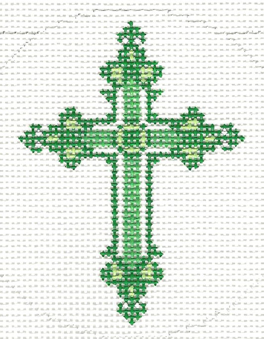 Cross ~ Elegant Green Ornate CROSS handpainted Needlepoint Canvas 3" Rd. Ornament by LEE