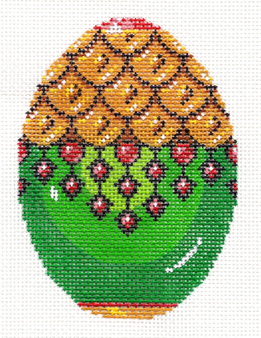 Faberge Egg ~ Jewel EGG Green & Metallic Gold handpainted Needlepoint Canvas Ornament by LEE