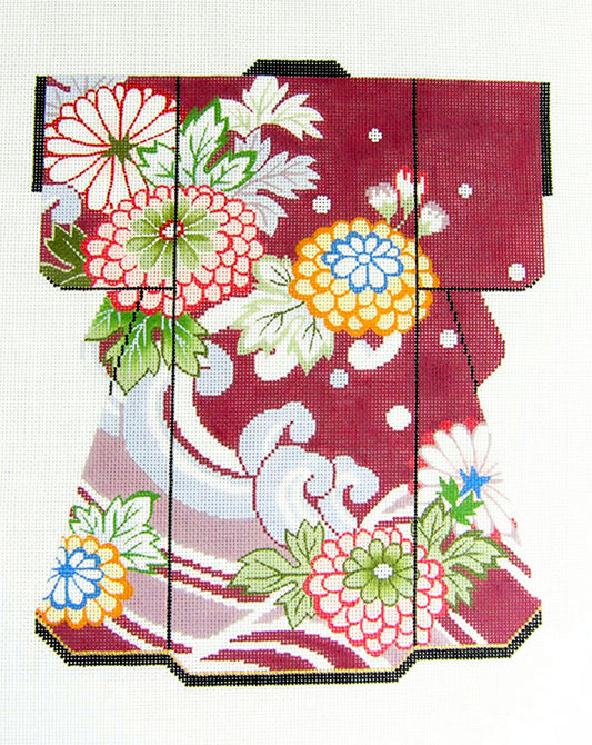 Kimono ~ Oriental Floral on a Wine color Background LG. Japanese Kimono handpainted Needlepoint Canvas by LEE