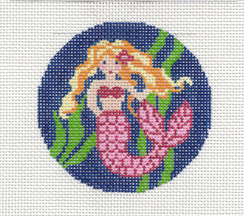 Round ~ Ocean Mermaid adorable handpainted 3" Rd. Needlepoint Canvas Ornament by LEE