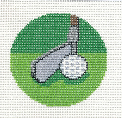 Sports Round ~ GOLF Putter Club & Ball handpainted Needlepoint Canvas 3" Rd. by LEE