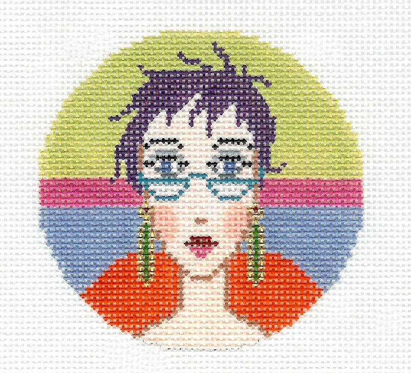 Round ~ Lady with Glasses handpainted Needlepoint Canvas 3" Rd. Insert or Ornament LEE
