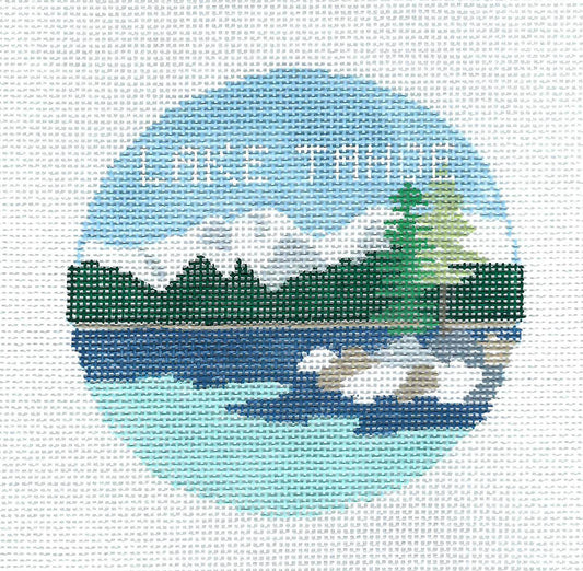 Travel Round ~ LAKE TAHOE on the Nevada & California Lines handpainted Needlepoint Canvas by Kathy Schenkel