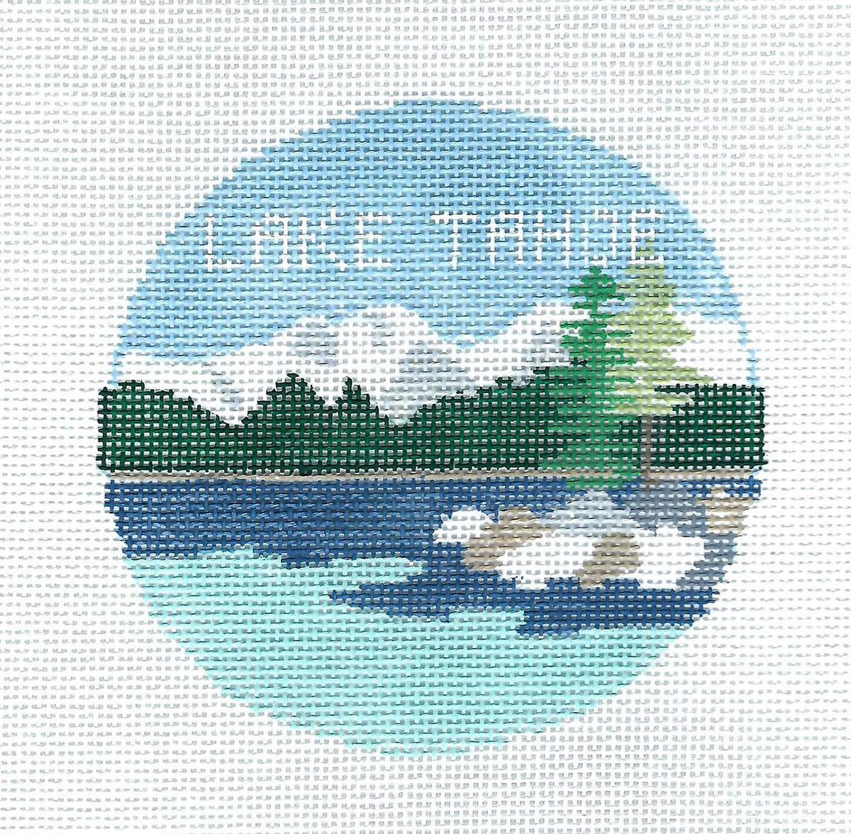 Travel Round ~ LAKE TAHOE on the Nevada & California Lines 18mesh handpainted 4" Needlepoint Canvas by Kathy Schenkel