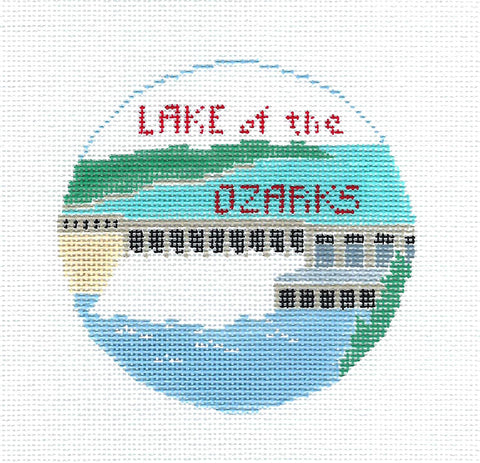 Travel Round ~ LAKE OF THE OZARKS, MISSOURI  handpainted Needlepoint Canvas by Kathy Schenkel