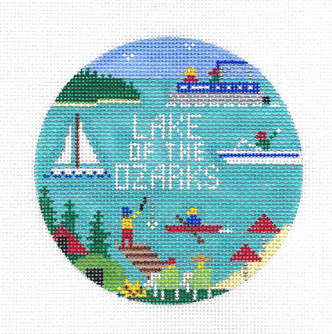 Travel Round ~ Lake of the Ozarks, Missouri handpainted Needlepoint canvas 4" Rd. Ornament by Doolittle