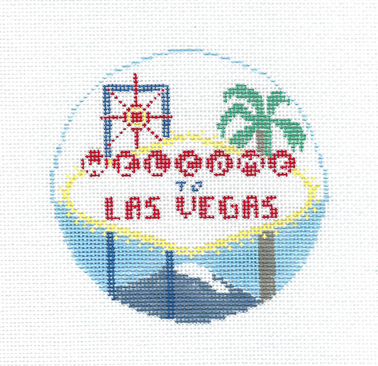 Travel ~ Las Vegas, Nevada 4" Round handpainted Needlepoint Canvas by Kathy Schenkel