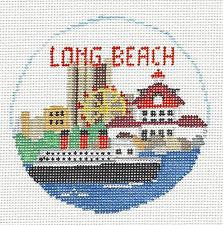 Travel Round ~ Long Beach, California handpainted 18 mesh 4" Rd. Needlepoint Canvas by Kathy Schenkel
