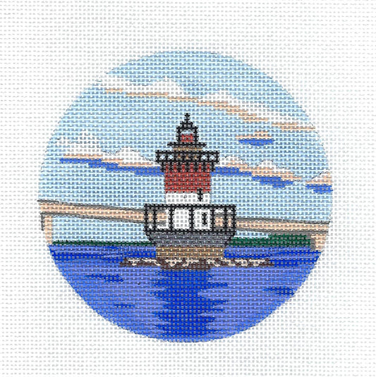 Travel Round ~ "Plum Beach" Lighthouse in Rhode Island handpainted Needlepoint Canvas by Purple Palm