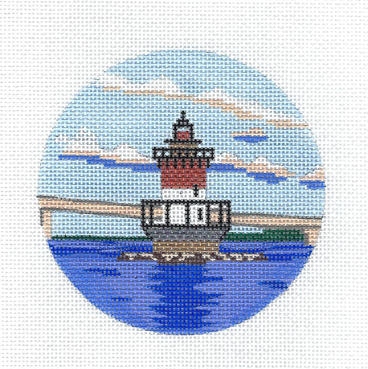 Travel Round ~ "Plum Beach" Lighthouse in Rhode Island handpainted Needlepoint Canvas by Purple Palm