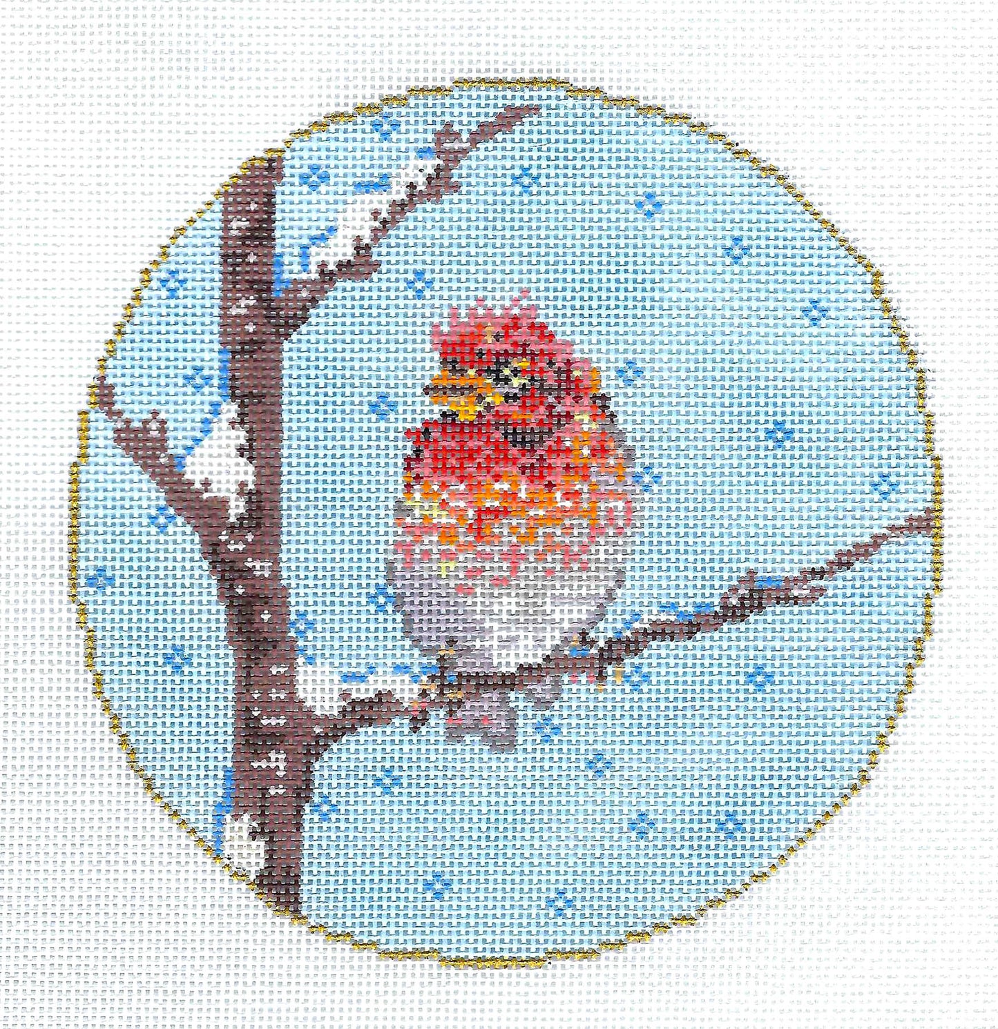Bird ~ "Lil Chipper" on a Snowy Branch handpainted Needlepoint Canvas by Sandra Gilmore