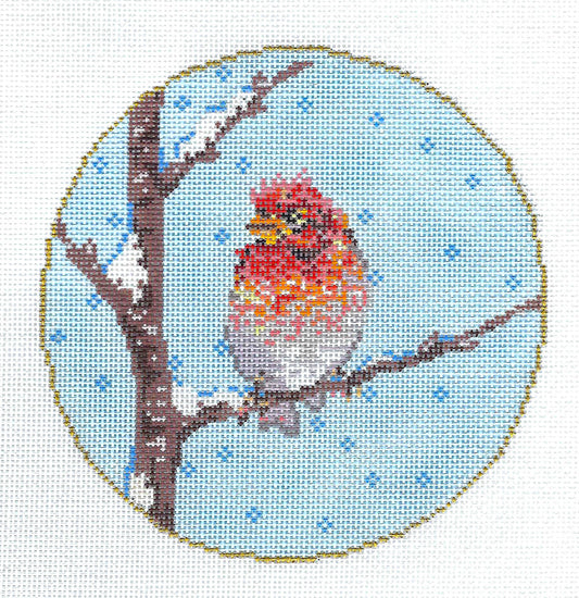 Bird ~ "Lil Chipper" on a Snowy Branch handpainted Needlepoint Canvas by Sandra Gilmore